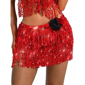Sequin Tassel Skirt Fringe Belly Dance Hip Scarf Sparkly Rave Party Festival Costume for Women