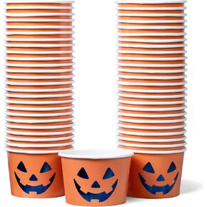 Paper Ice Cream Cups, 50-Count 9-Oz Disposable Dessert Bowls for Hot or Cold Food, 9-Ounce Halloween Party Supplies Treat Cups, Spider Web, Black