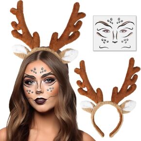 MOVINPE Reindeer Antlers Headband & Face Tattoos, Deer Ears Animal Headpiece Fluffy with Temporary Face Sticker Gem Cosplay Deer Costume for Christmas Halloween