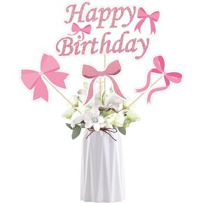 Bow Centerpieces for Tables,Pink Bow Birthday Party Decorations Girl Coquette Theme Birthday Party Decor Bow Happy Birthday Table Toppers Party Centerpiece Sticks Party Supplies, Set of 4