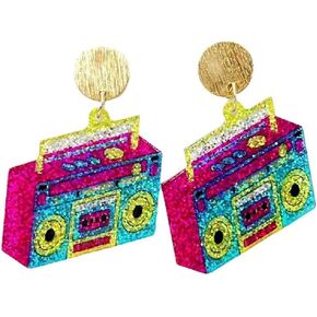 80s Neon Earrings for Women Colorful Cassette Tape Acrylic Drop Earrings Retro Glitter Radio Dangle Earrings for 80's Outfit Party Accessories