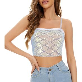Erinaco Women Glitter Sequin Crop Top Sparkly Mermaid Tank Tube Tops Silky Satin V-Neck Spaghetti Strap Camisole