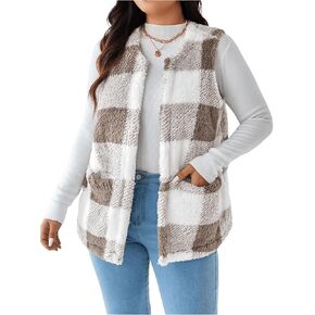 GORGLITTER Women's Plaid Open Front Teddy Vest Coat Sleeveless Pockets Fuzzy Outerwear
