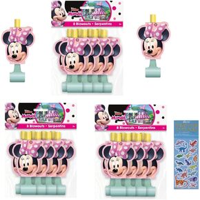 Minnie Mouse Birthday Party Supplies Bundle includes 24 Party Blowouts and 1 Dinosaur Sticker Sheet