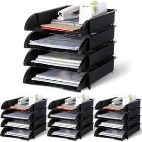 Colarr 16 Pcs Paper Tray Desk Organizer Stackable File Desk Tray Plastic Letter Organizer Stacking Paper Holder Letter Trays for Office Classroom 13 x 10 x 2.76 inches, Black