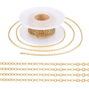 Pandahall 32.8 Feet Stainless Steel Cable Chains 2.5x2x0.5mm Golden Plated Soldered Flat Oval Twisted Chains with Spool for Jewelry Making