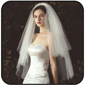 2 Tier Bridal Veil Short Wedding Veils Pearl Veil for Brides Lace Veil with Comb for Bridal Hair Accessories
