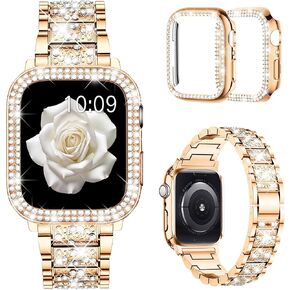 Mosonio Compatible with Apple Watch Band 38mm 40mm 41mm 42mm 44mm 45mm 49mm with 2 Pack Case Women, Jewelry Replacement Metal Wristband Strap with Bling PC Protective Case for iWatch Ultra SE Series 9/8/7/6/5/4/3/2/1
