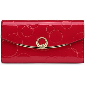 Wallet Women's Genuine Leather Long Three Fold Wallet Bright Leather Large Capacity Buckle, Circled Embossed Pattern, RFID and Magnetic Anti Theft (Wine Red)