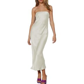 Summer Satin Strapless Backless Wedding Guest Midi Dress for Women Elegant Tube Top Sleeveless Tie Back Maxi Dresses