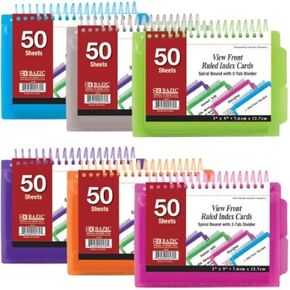 6 Pk, Index Cards (50 Sheets each) View Poly Spiral Bound 3" X 5" Ruled White Index Card With 2-Tab Divider (Colors May Vary)