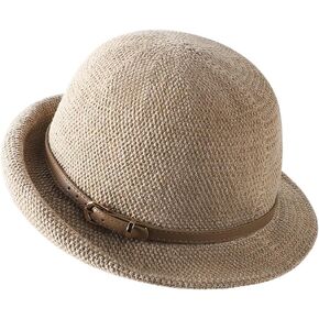 Womens Knitted Bowler Hats Short Brim Roll Up Cloche Church Hat with Belt Vintage Foldable Fedora Hat Summer Beach Bucket Cap