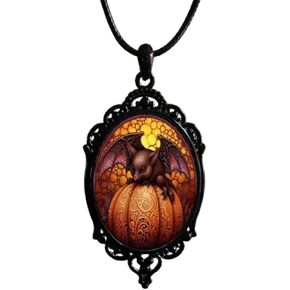 Gothic Cameo Pumpkin Necklace, Vintage Crystal Glass Pumpkin Bat Pendant Necklace Punk Style Raven Choker Mystery Pumpkin Necklace Halloween Jewelry Costume
