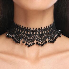 Bethynas Gothic Black Lace Crystal Choker Necklace Sexy Gemstone Pendant Neck Chain Halloween Costume Jewelry for Women Girls