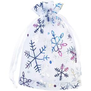 Tvoip 100PCS Colorful Snowflake Drawstring Christmas White Organza Bags Wedding Favor Gift Bags Jewelry Bags Candy Gift Bags Display Drawstring Pouches (3.5x4.5'' (9x12cm))