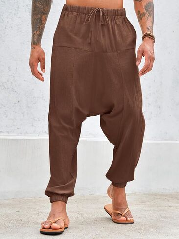 PASLTER Mens Harem Pants Baggy Casual Cotton Linen Boho Yoga Drop Crotch Hippie Trousers in Saudi Arabia