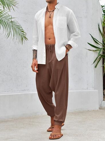 PASLTER Mens Harem Pants Baggy Casual Cotton Linen Boho Yoga Drop Crotch Hippie Trousers in Saudi Arabia