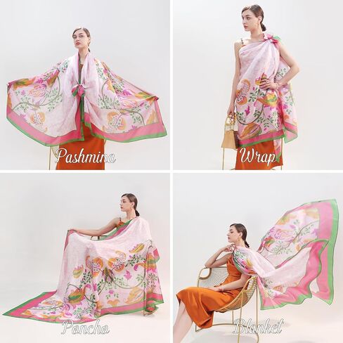 DANA XU Women's 100% Mulberry Satin Silk Pashmina Shawl Wraps Extra Large Floral Scarf for Evening Dresses, Soft Oversized in Kuwait