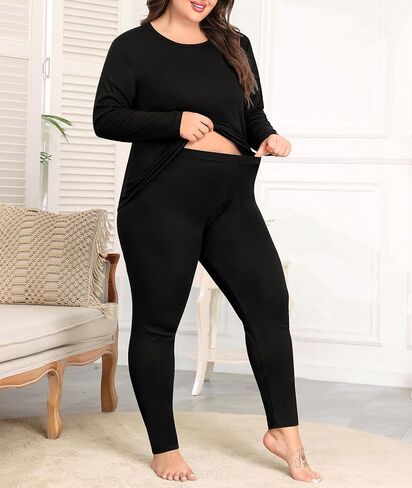 SWOMOG Plus Size Thermal Underwear Sets for Women Long Johns Base Layer Set 2 Pcs Underwear Top & Bottom Pajama Set in Kuwait
