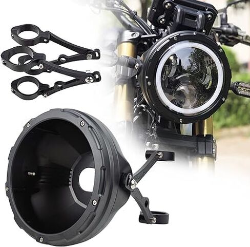 7inch Aluminum Alloy CNC Motorcycle Headlight Housing Bucket with CNC Side Mounting Bracket Fork Tube Holder Clamps for Motorcycle (55-59MM), Black in Saudi Arabia