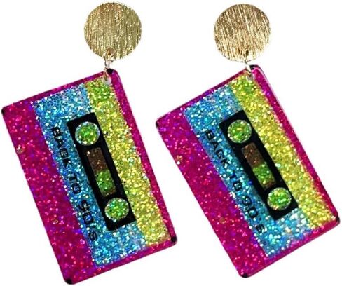 80s Neon Earrings for Women Colorful Cassette Tape Acrylic Drop Earrings Retro Glitter Radio Dangle Earrings for 80's Outfit Party Accessories in Saudi Arabia