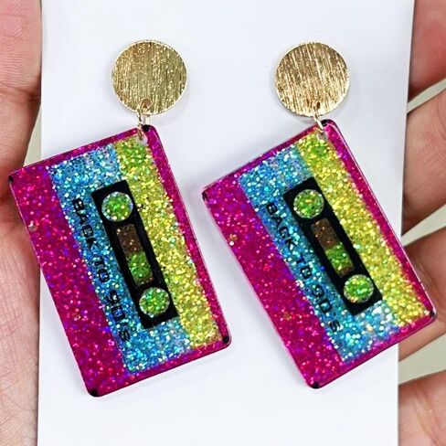 80s Neon Earrings for Women Colorful Cassette Tape Acrylic Drop Earrings Retro Glitter Radio Dangle Earrings for 80's Outfit Party Accessories in Saudi Arabia