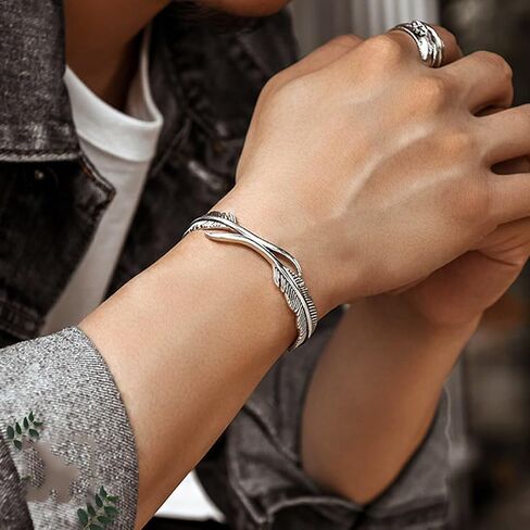 Native American Jewelry, Silver Feather Bracelet Lucky Hope Cuff Jewelry Simple Retro For Women Men in Saudi Arabia