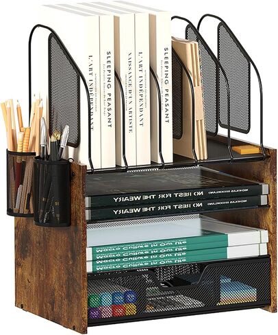 Wood Desk Organizer - 3 Tier Desk Organizer with Drawer, Paper Organizer, Paper Tray, Letter Tray, File Organizer in Saudi Arabia