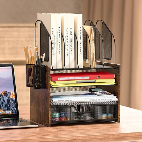 Wood Desk Organizer - 3 Tier Desk Organizer with Drawer, Paper Organizer, Paper Tray, Letter Tray, File Organizer in Saudi Arabia