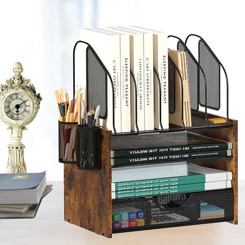 Wood Desk Organizer - 3 Tier Desk Organizer with Drawer, Paper Organizer, Paper Tray, Letter Tray, File Organizer in Saudi Arabia