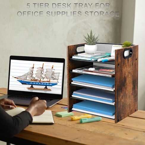 Wood Desk Organizer - 3 Tier Desk Organizer with Drawer, Paper Organizer, Paper Tray, Letter Tray, File Organizer in Saudi Arabia