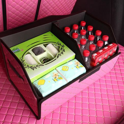 car organizers and storage for SUV,trunk organizer for sedan, leather foldable sleek box with lid,collapsible cargo bins, tool accessories containers,Pink women (21.65 inch) in Saudi Arabia
