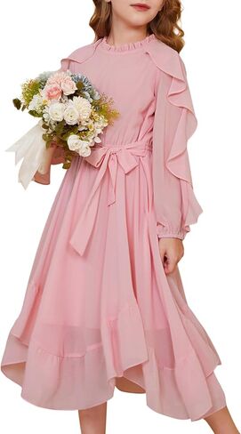 GRACE KARIN Girls Long Sleeve Dress Fall Spring Ruffle Swing Maxi High Low Formal Party Dress Size 5-12Y in Saudi Arabia