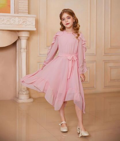 GRACE KARIN Girls Long Sleeve Dress Fall Spring Ruffle Swing Maxi High Low Formal Party Dress Size 5-12Y in Saudi Arabia