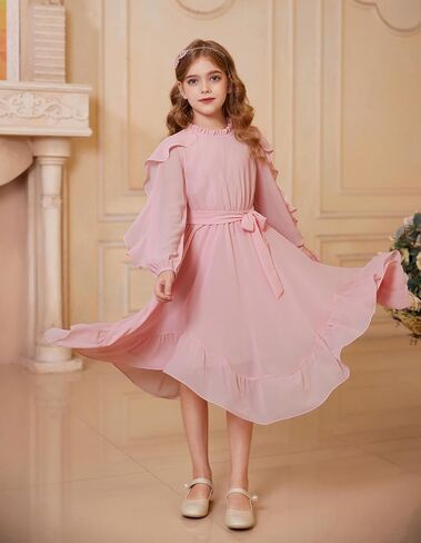 GRACE KARIN Girls Long Sleeve Dress Fall Spring Ruffle Swing Maxi High Low Formal Party Dress Size 5-12Y in Saudi Arabia