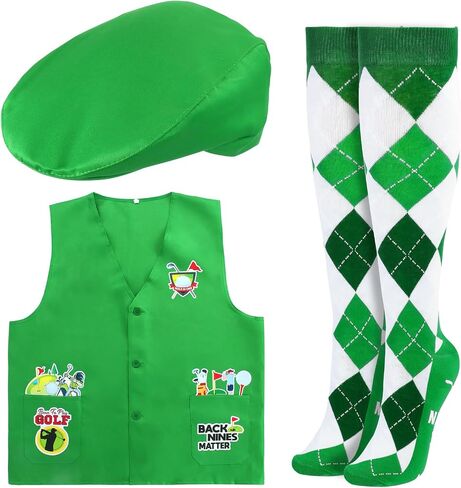 Keymall Funny Golf Costume 5 Pcs Golf Beret Green Vest Gloves Tie Sock for Adult Halloween Golf Themed Birthday Costume Party in Saudi Arabia
