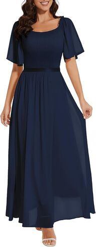 Womens Short Sleeve Chiffon Elegant Maxi Dress Smocked Wedding Guest Cocktail Party Dress in Saudi Arabia