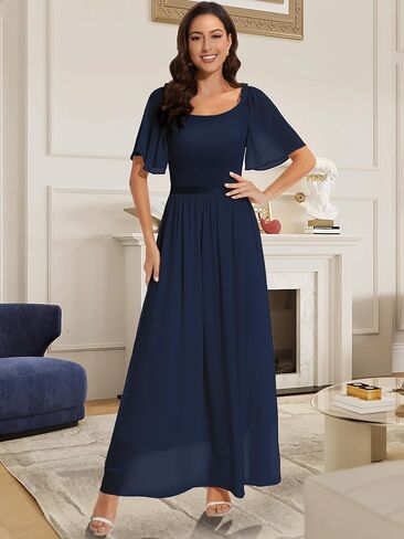 Womens Short Sleeve Chiffon Elegant Maxi Dress Smocked Wedding Guest Cocktail Party Dress in Saudi Arabia