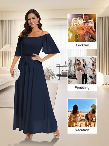 Womens Short Sleeve Chiffon Elegant Maxi Dress Smocked Wedding Guest Cocktail Party Dress in Saudi Arabia