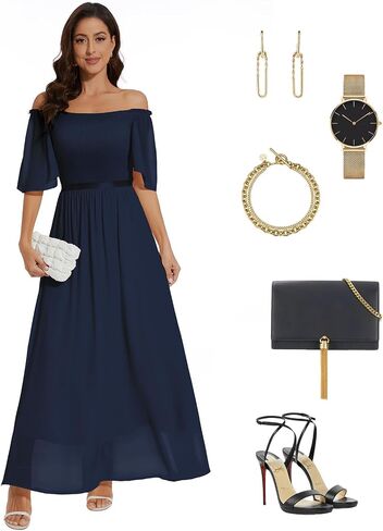 Womens Short Sleeve Chiffon Elegant Maxi Dress Smocked Wedding Guest Cocktail Party Dress in Saudi Arabia