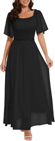 Womens Short Sleeve Chiffon Elegant Maxi Dress Smocked Wedding Guest Cocktail Party Dress in Saudi Arabia