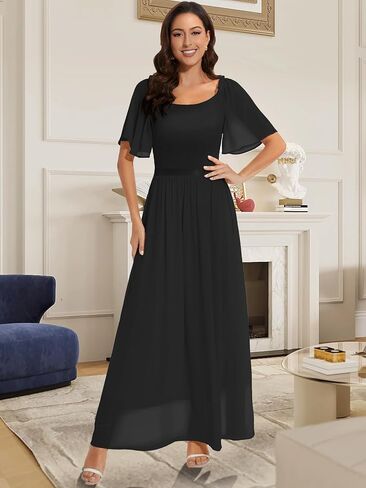 Womens Short Sleeve Chiffon Elegant Maxi Dress Smocked Wedding Guest Cocktail Party Dress in Saudi Arabia