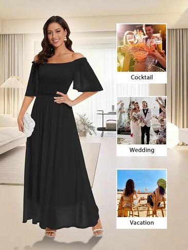 Womens Short Sleeve Chiffon Elegant Maxi Dress Smocked Wedding Guest Cocktail Party Dress in Saudi Arabia