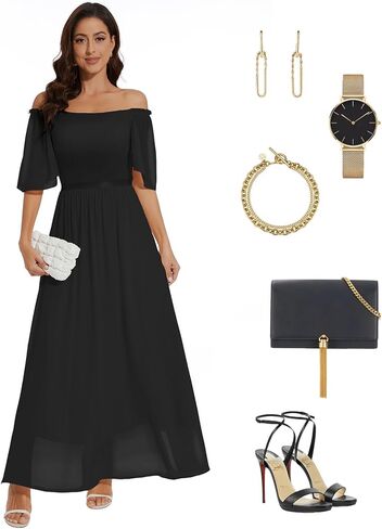 Womens Short Sleeve Chiffon Elegant Maxi Dress Smocked Wedding Guest Cocktail Party Dress in Saudi Arabia