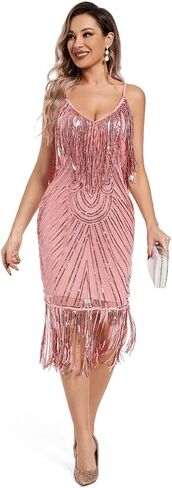 Women's Sequin Fringe Dress Sparkly Tassels V Neck Spaghetti Straps Glitter 1920s Great Gatsby Outfits Party Clubwear in Saudi Arabia
