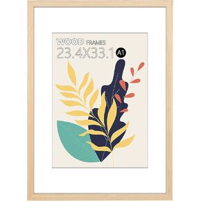 A1 Poster Frame,23.4x33.1in Natural Soild Wood White Picture Frames with Polished Plexiglass,Easy to Hang,Display Picture A1 without Mat or A2 with Mat for Wall Mounting Horizontally and Vertically
