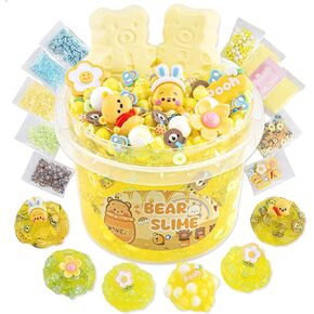 LAWOHO Bear Clear Slime 300ml, Yellow Clear Slime Kit for Girls Ages 8-12 with 9 Packs Slime Add-Ins, Slime for Kids Party Favors, Non Stick Slime Clay Toys Birthday Halloween Christmas Easter Gifts