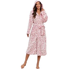 RONGTAI Hooded Leopard Print Bathrobe for Women, Long and Thick Fleece Material with Pocket, Lightly Luxurious