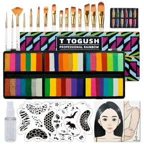 Face Painting Kit 240g Split Cakes Rainbow Face Paint Palette Professional Water Colors for Kids Adults with Glitters,Stencils,Practice Boards,Brushes for Halloween Body Paint