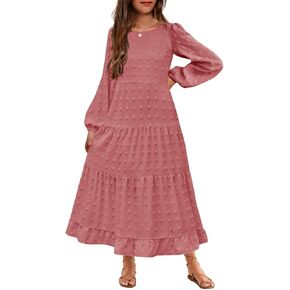 HOSIKA Girls Maxi Dress Long Sleeve Swiss Dot A Line Tiered Flowy Casual Party Dresses with Pockets for 6-12 Y